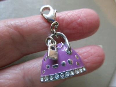 VINTAGE SILVER TONE CRYSTAL PINK ENAMEL CLIP ON HANDBAG PURSE FOB CHARM PENDANT - Image 1 of 3