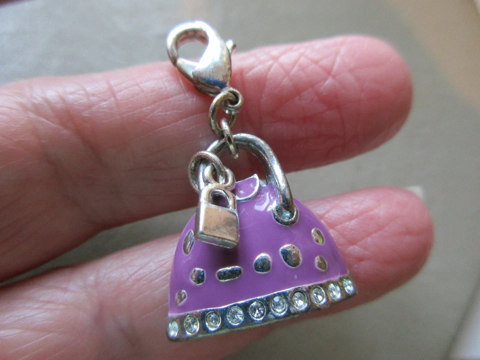 VINTAGE SILVER TONE CRYSTAL PINK ENAMEL CLIP ON HANDBAG PURSE FOB CHARM PENDANT - Image 1 of 3