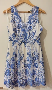 MissValley Valleygirl Lace Blue and White Paisley Mosaic print Dress Size XL - Picture 1 of 5
