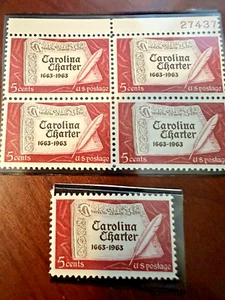 Scott #1230 Carolina Charter Plate Block of 4 + Single MNH will combine Shipping - Picture 1 of 1