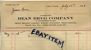 1928 BILLHEAD Cisco Texas DEAN DRUG COMPANY Pharmazeutischer DROGENHÄNDLER Apotheke - Bild 1 von 1