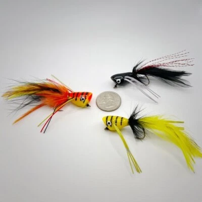 THOR OUTDOOR Old School Bass Popper - Fire Tiger 3 Pc Set, Size #6, RGP - Fly Fishing Flies