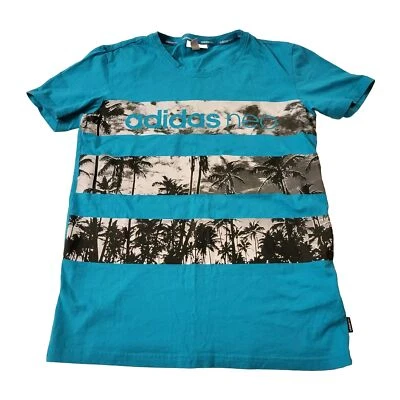 Adidas Neo Camiseta Para Hombre Talla Pequeña Turquesa Tropical Palmera Ropa Deportiva RETRO Foto 1 de 4