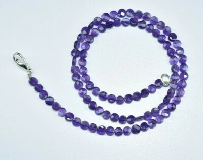 AAA African Amethyst Coin Faceted Gemstone Beaded Necklace 925 Sterling Silver - Image 1 of 4