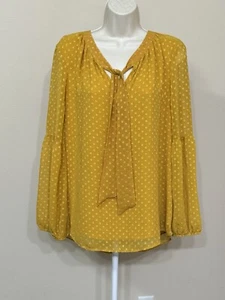 Black Rainn Women’s Mustard Polka Dot Round Neck Long Sleeve Comfort Blouse L - Picture 1 of 10