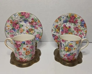 Lord Nelson Chintz Marina Demitasse Cup & Saucer Sets w/ Brass Stands – Pair - Picture 1 of 17