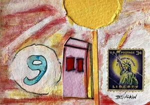 Terra della Libertà - Mini francobollo originale collage tecnica mista arte surrealismo ACEO ATC - Foto 1 di 3
