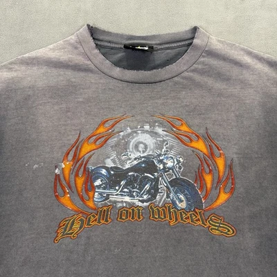 Винтажная мужская рубашка XL черная выцветшая Hell On Wheels Flames байкерская гранж состаренная - Изображение 1 из 4