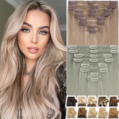 Russian Remy Clip In Real Human Hair Extensions Thick Double Weft 8PCS Full Head - Image 1 of 4