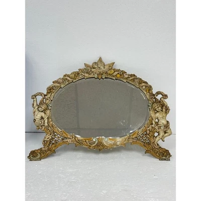 Espejo tocador antiguo querubín victoriano de hierro fundido pintado a mano espejo ornamentado Foto 1 de 4