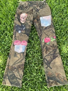 Camouflage Jagd Totenkopf Rose Fatigue Upcycled Patches Cargo Army 29x 33 Stretch Hose - Bild 1 von 24