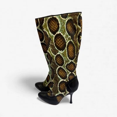 Roberto Cavalli Snake Print Knee High Boots Size 38 EU / 7.5 US Brown Green Blac - Image 1 of 4