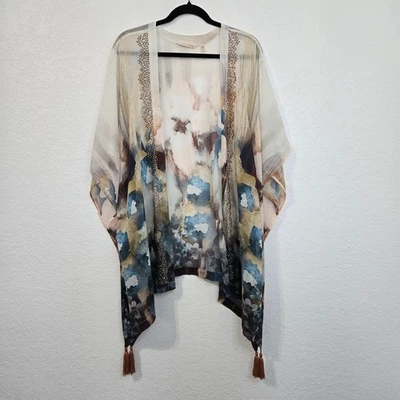 Kimono Soft Surroundings Talla Única Beige Azul Floral Borla Con Cuentas Frente Abierto Foto 1 de 4