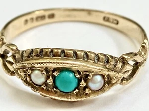 "Vintage Ring 9 kt Gelbgold, Cabochon Türkis & Perle mit drei Steinen" - Bild 1 von 6