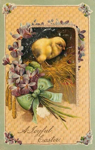 Ostern Postkarte Viktorianisch Küken Blumenstrauß geprägt Made in Germany  - Bild 1 von 2