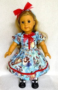 Glittery Snowmen on Blue/Red Trim/Headband    Handmade Fits 18" Dolls  Free Ship - Picture 1 of 5
