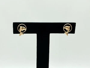 Pendientes de poste circular de delfines de oro amarillo de 14K 0,36 gramos - firmados KM 14k - Imagen 1 de 5