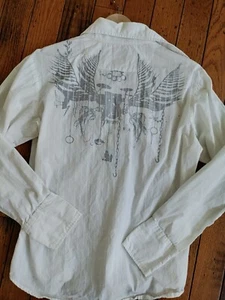 Rusty Y2k White Pinstripe Long Sleeve Shirt L Black Design back wings drums Rock - Picture 1 of 11