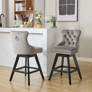 2Set 25.9" Counter Height Bar Stools Swivel Velvet Bar Stools W/Back Wooden Legs - Picture 1 of 13