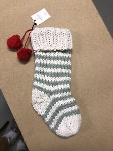 Hearth and Hand Magnolia Xmas Stocking - White/Silver Green Stripe Knit+Red Poms