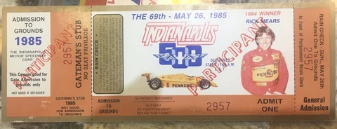 1985 Original Mint Unused Indy 500 Ticket Full Participant Ticket Unused Cover