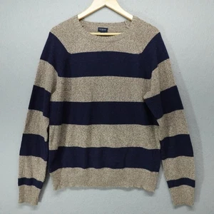 J CREW Sweater Mens Medium Tan Navy Striped Lambswool Blend Crewneck Preppy - Picture 1 of 9