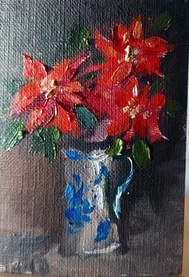 Pintura a óleo ACEO ORIGINAL - Natal Poinsétia - 2,5x3,5 pol artista MK - Imagem 1 de 3