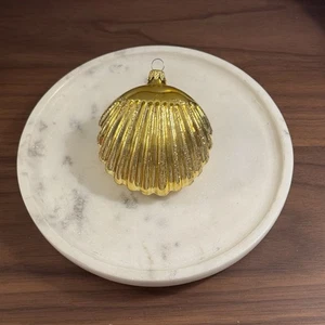 Vintage gelbe Muschel Jakobsmuschel Muschel Kolumbien mundgeblasenes Glas Weihnachtsschmuck 3" - Bild 1 von 3
