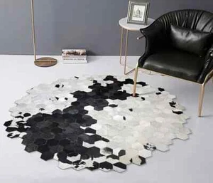 Cowhide Leather Cow Skin Area Rug 100% Hide Real Hair Black & White Carpet Rug - Picture 1 of 5