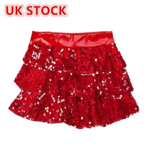 Freebily Girl's Sparkly Dance Skirt Sequins Tiered Ruffle Mini Skorts Jazz AU - Picture 1 of 11