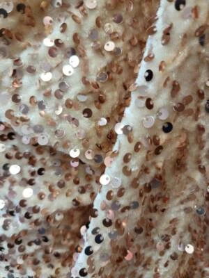 Fabric Sold By The Yard Champagne Beige Stretch Velvet Embroidery Sequin On Luxu - Image 1 of 4