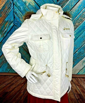 Chaqueta de esquí para mujer Asics blanca y dorada brillante cremallera extraíble ribete de piel capucha Foto 1 de 4
