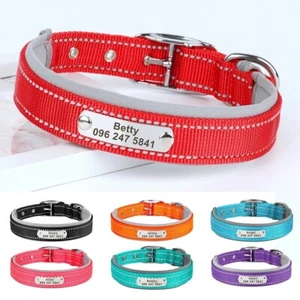 Reflective Nylon Dog Collar Custom Personalized Pet Name ID Tag Adjustable S-XL - Picture 1 of 17