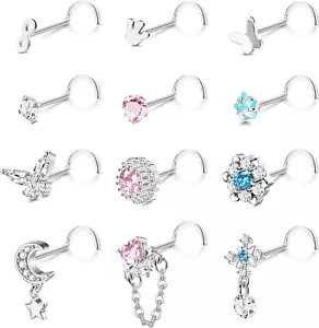12Pcs 20G Dangle Nose Rings and Studs L Shaped Corkscrew for Women Men - Stainle - Picture 1 of 12