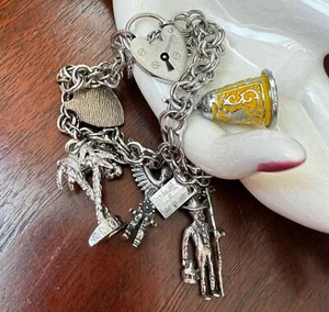 Vintage Sterling Silver Charm Bracelet Heart Padlock New Mexico Hawaii Charms - Picture 1 of 6