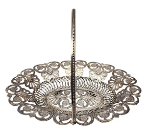 245.8g Antique Solid .800 Silver Pierced Bride's Basket Bowl with Handle ORNATE - Picture 1 of 7