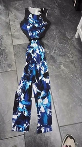 NWT attention WOMENS JUMPSUIT ABSTRACT BLUE BLACK WHITE SLEEVELESS XS L XL - Picture 1 of 1