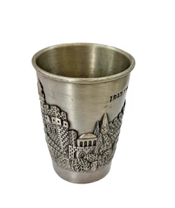 Antique Pewter Kiddush Wine Cup Jerusalem Jewish Decor Hebrew 3" x 2.5" Judaism - Picture 1 of 5