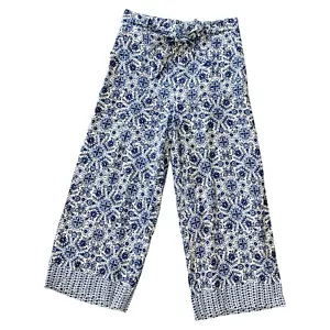 JOIE Linen Floral Cropped Wide Leg Tie Waist Pants Size 8 White Blue Boho - Picture 1 of 7
