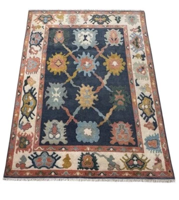 Oushak Navy Blue Floral rug Contemporary HandKnotted Rug home decor rug area rug - Image 1 of 4