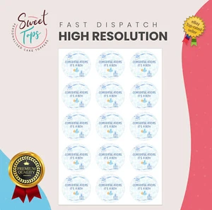 BABY SHOWER CONGRATULATIONS ITS A BOY 2" ROUND EDIBLE CUPCAKE TOPPERS - Picture 1 of 1