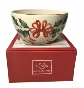 Lenox Holiday 16 oz Bowl; ivory china w red & green Holly & Ribbon pattern; NIB - Picture 1 of 5