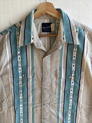 VTG Wrangler Western Button Up Shirts Aztec Blue Gray Short Sleeve Men’s Size XL - Image 1 of 4