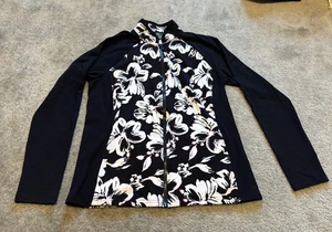L-RL Ralph Lauren Active Hibiscus Floral Black White Pink Jacket Women Size M - Picture 1 of 6