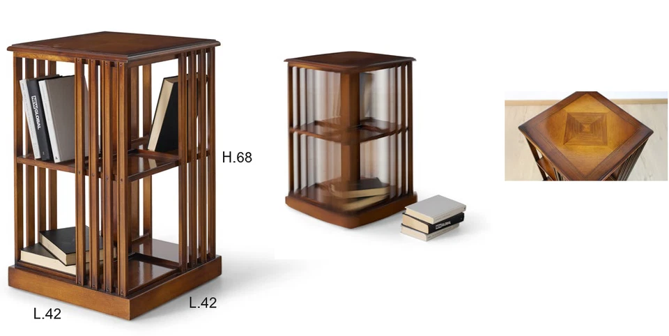 LIBRERIA GIREVOLE INGLESE IN LEGNO CON PIANO INTARSIATO IN 6 FINITURE 753 - Immagine 1 di 3