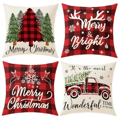 Fundas de almohada de Navidad a cuadros Buffalo 18x18 rojo negro verde Navidad a cuadros-2 Foto 1 de 4
