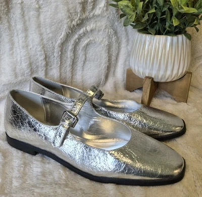 Steve Madden Solanna Silver Metallic Mary Jane Shoes Flats Buckle Size 11M New - Image 1 of 4