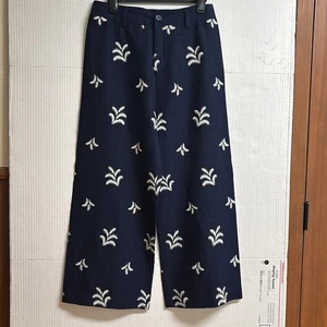 Elie Tahari Navy Blue/W Cream Colored Embroidered Palm Trees Wide Leg Size 10 - Picture 1 of 14
