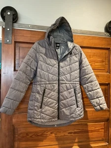 The North Face anthrazitgraue lange gefütterte packbare Jacke Mantel L Kapuze - Bild 1 von 8