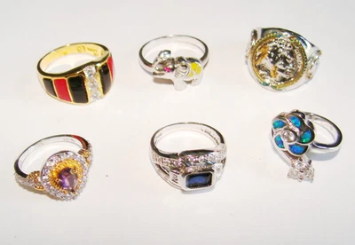 Лот из 6 мульти CZ драгоценных колец 29,8 г SZ 5,5 - 9,25 маркированный 925 неудачный магнит тест - Изображение 1 из 4